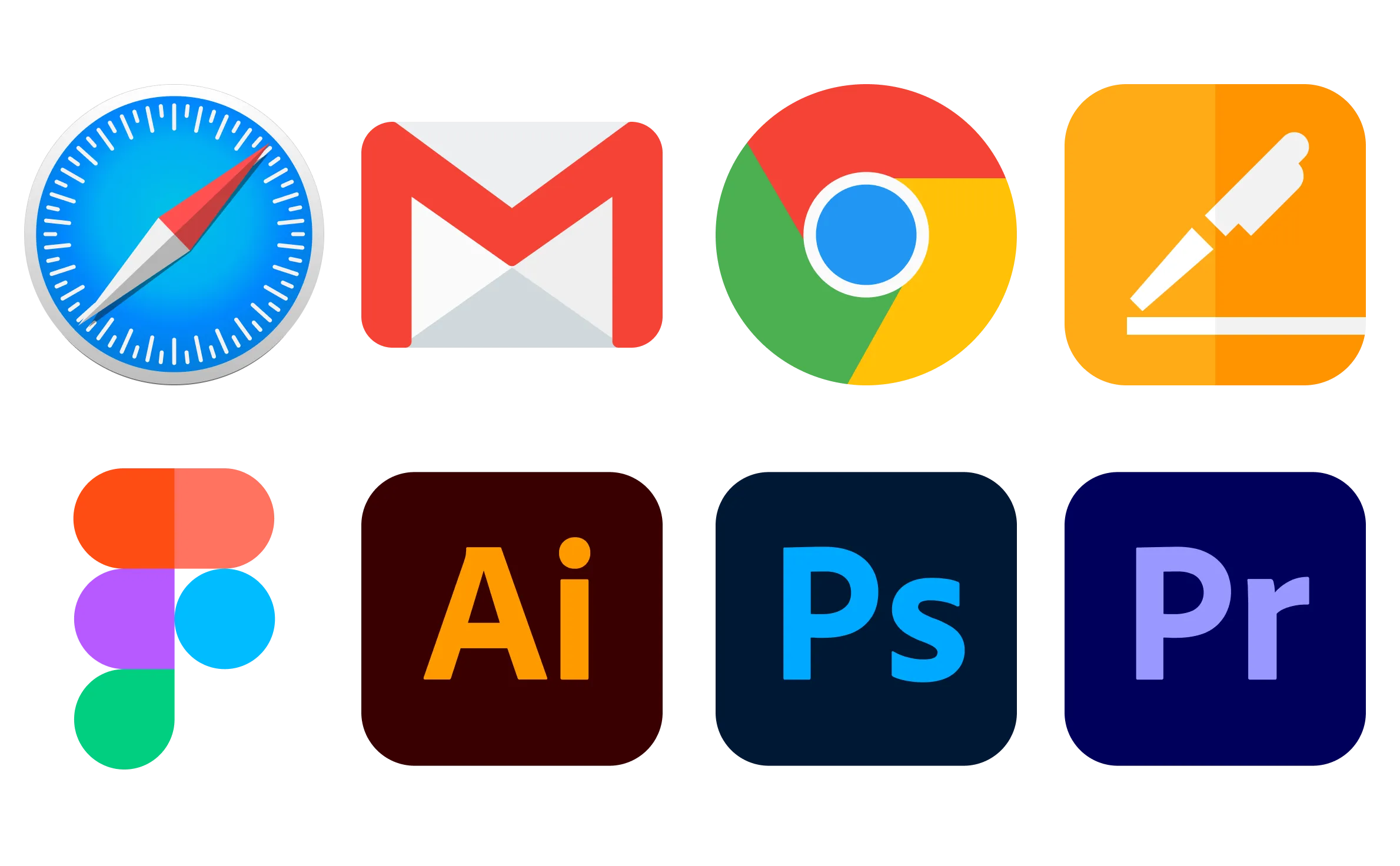 Screenshot of KeyCue on macOS showing supported applications (Safari, Gmail, Google Chrome, Apple Notes, Figma, Adobe Illustrator, Photoshop, and Premiere Pro), illustrating how users can view keyboard shortcuts across popular apps.
